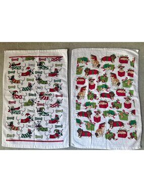 Christmas Tea Towels Terrycloth Dachshund & Dog Gift Box 24" X 16" Set of 2